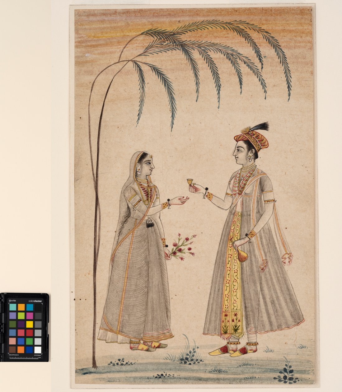 Bir ağacın altında iki kadın, c.1750 (kağıt üzerinde opak suluboya ve altın) by Indian School