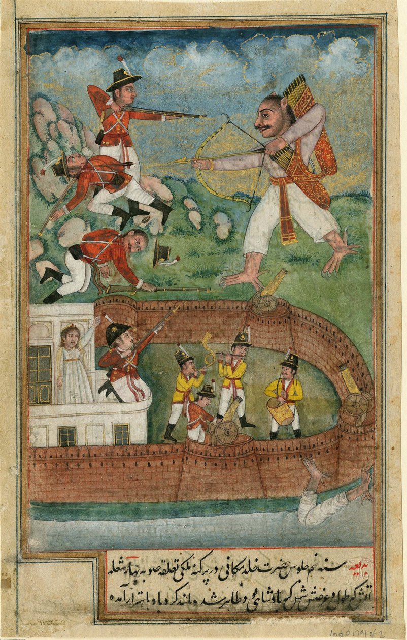 Avrupa birlikleri tarafından savunulan kaleye saldıran Hint iblisleri - Hint Sanatı - c. 1790 - Kağıt üzerine suluboya - 24x15,3 - Özel Koleksiyon by Indian School