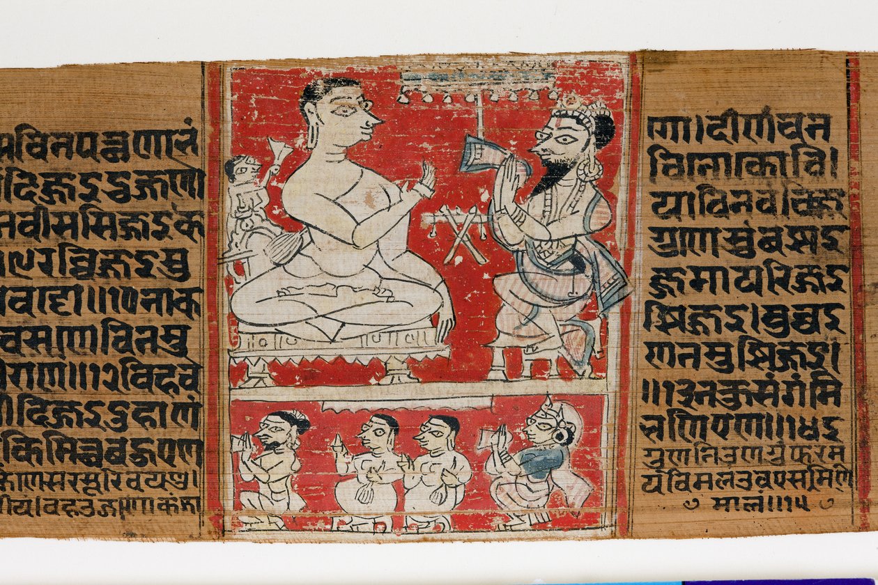 Vimalaprava Raji ve Lakshmi ile konuşuyor, c.1300 (palmiye yaprağı üzerinde opak wc) by Indian School