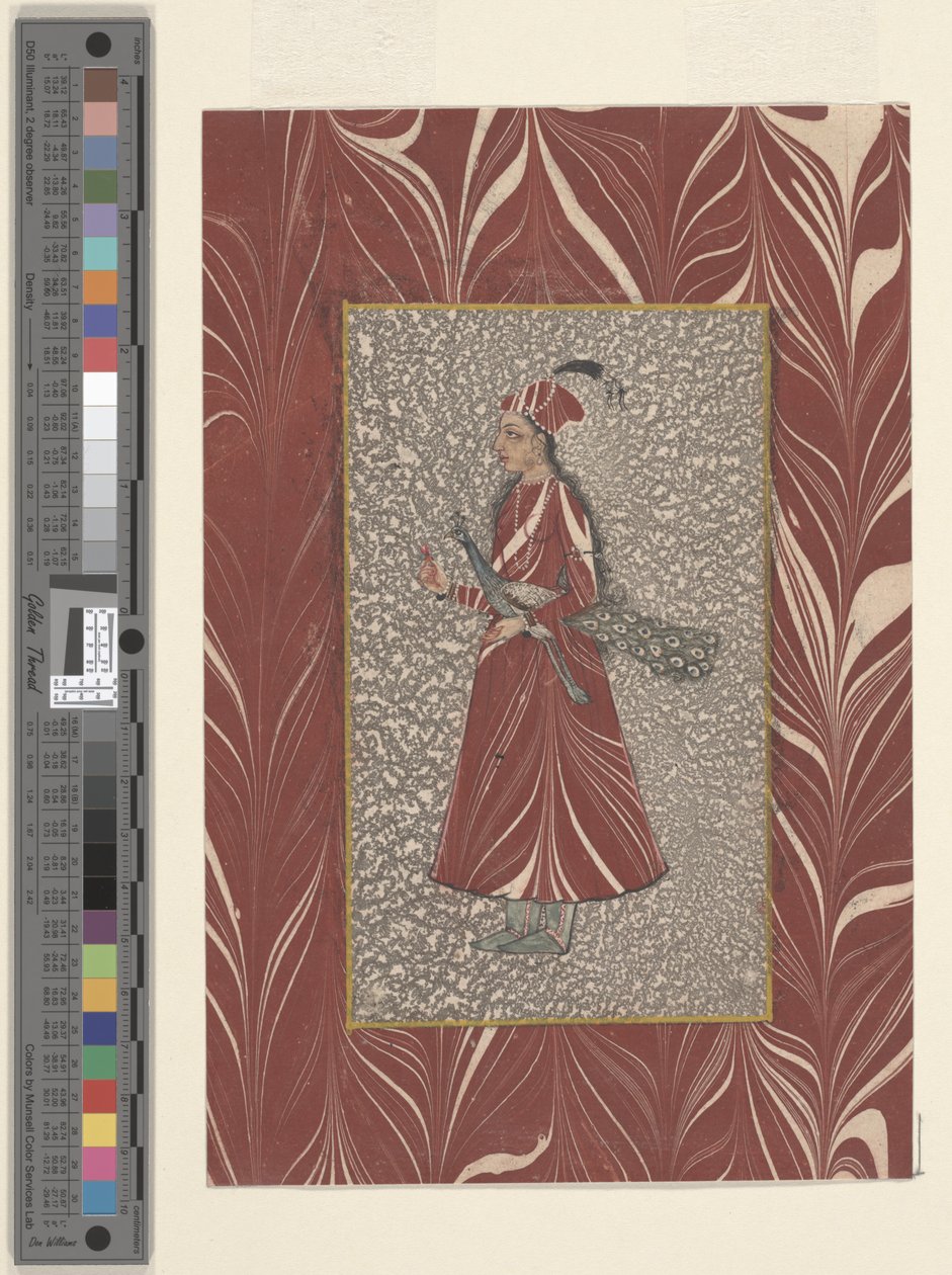 Tavus Kuşu Tutan Kadın, Bijapur, d1660 (kağıt üzerine mürekkep ve sulu boya) by Indian School