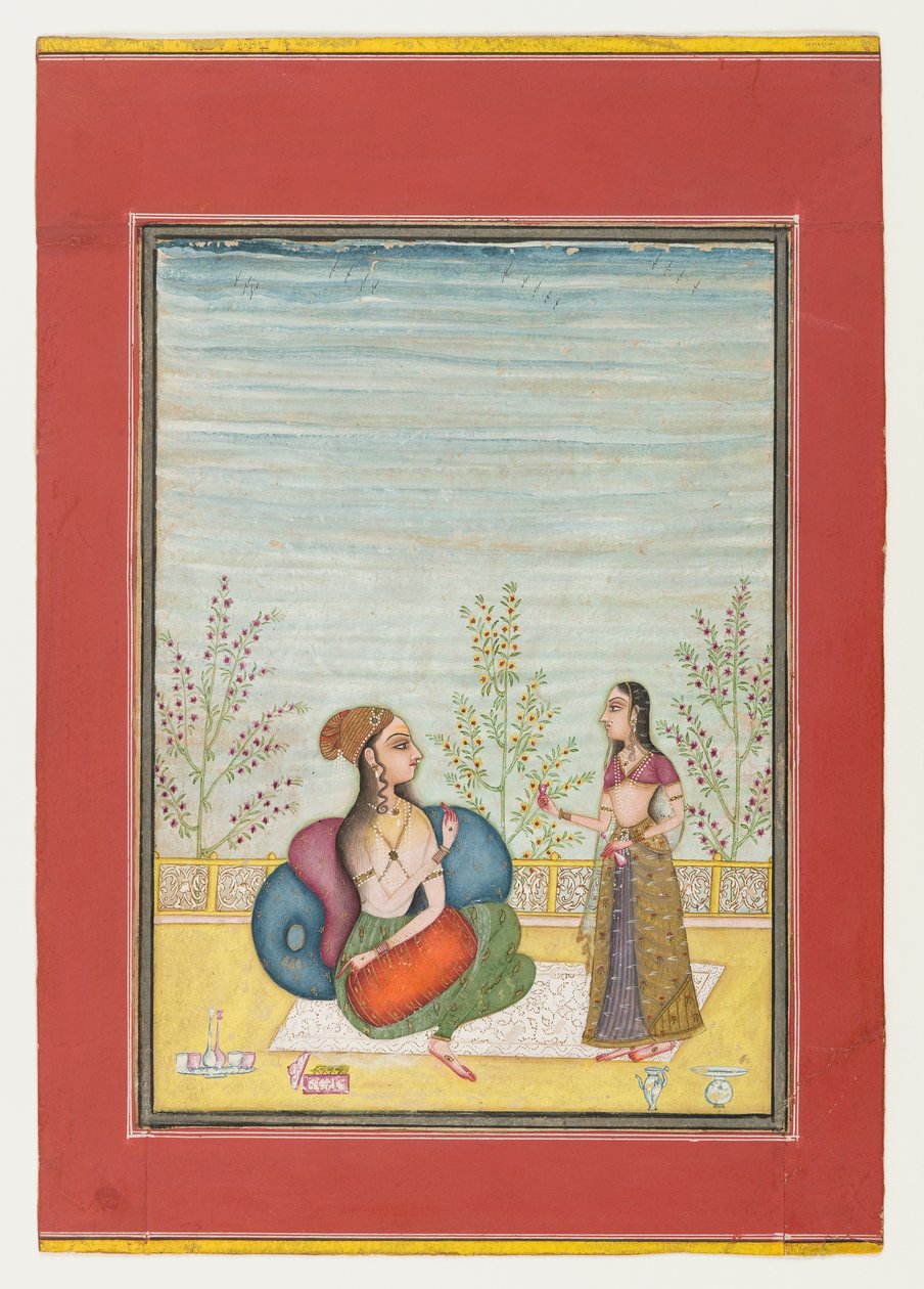 Kadın ve görevli, c.1700-10 (kağıt üzerinde opak klozet ve altın) by Indian School