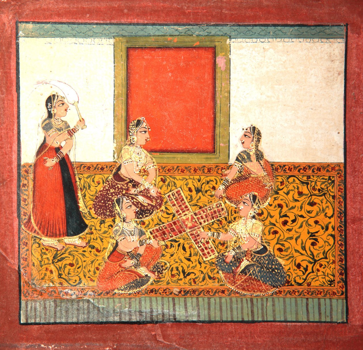 Parcheesi oynayan kadınlar, sarı desenli zemin üzerine oturmuş, c.1725 (kağıt üzerinde opak wc ve altın rengi) by Indian School