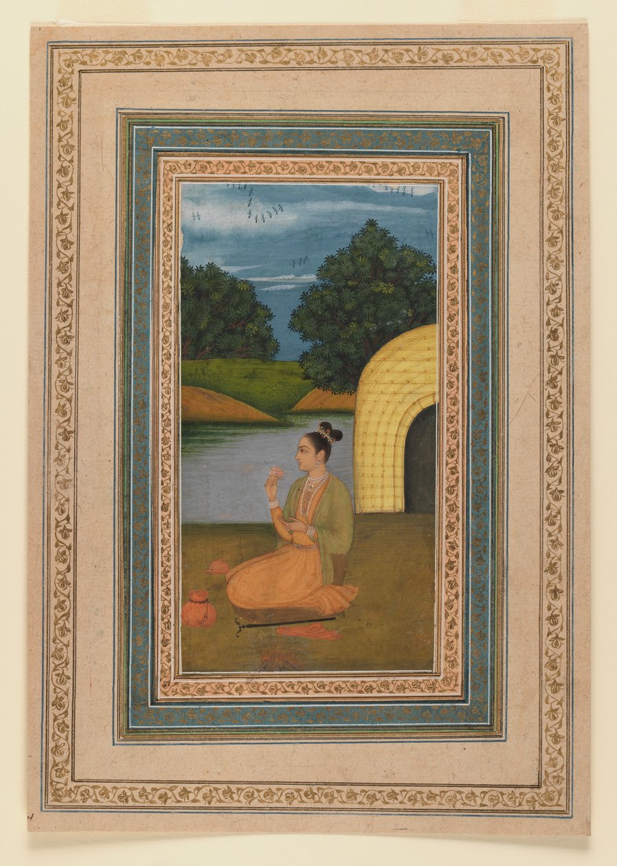 Yogini bir manzarada, c.1760 (kağıt üzerinde wc) (recto, 375848) by Indian School