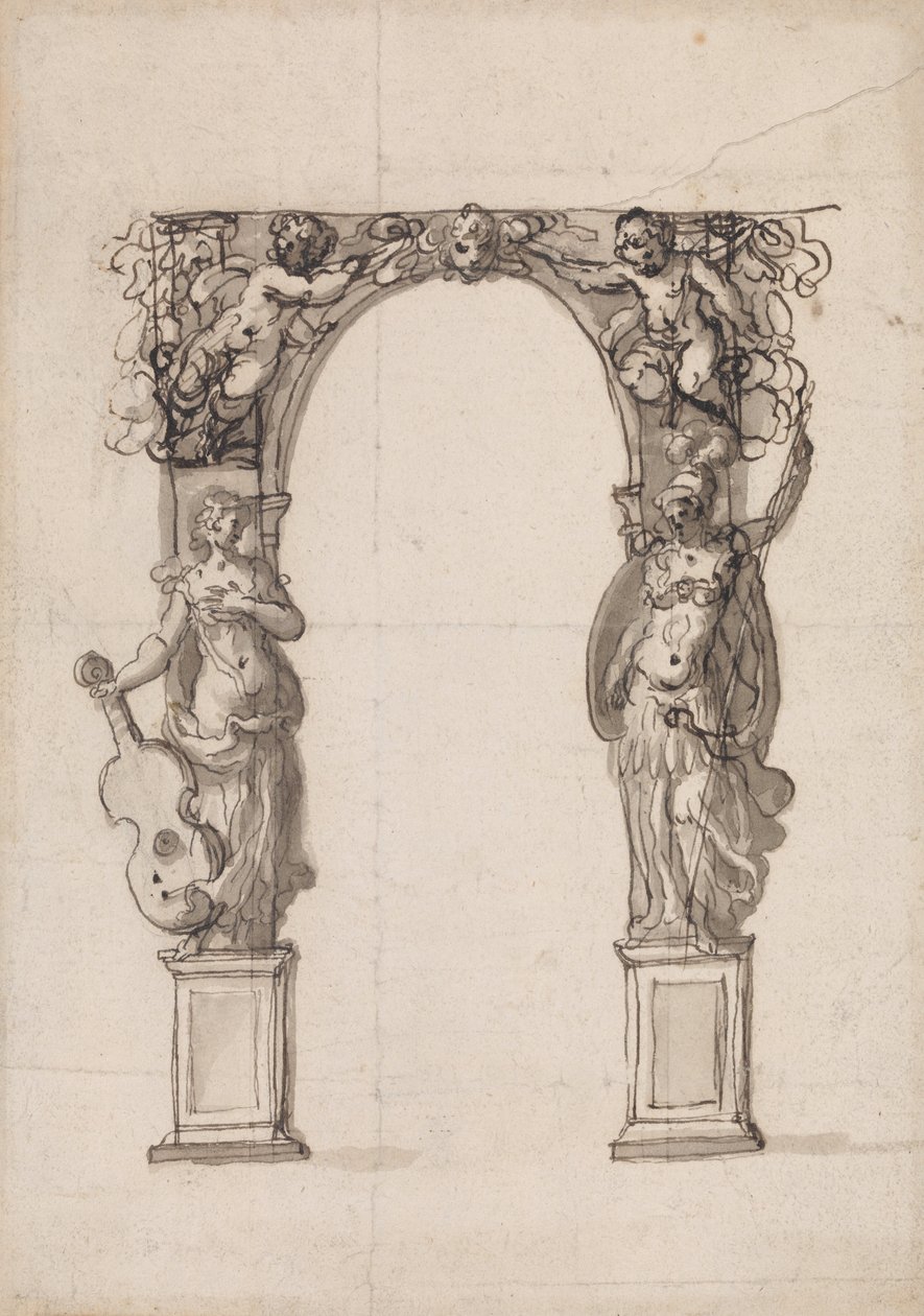 Putti ve Alegorik Müzik ve Savaş Figürleri ile Süslenmiş Geçici Bir Kemer Tasarımı by Inigo Jones