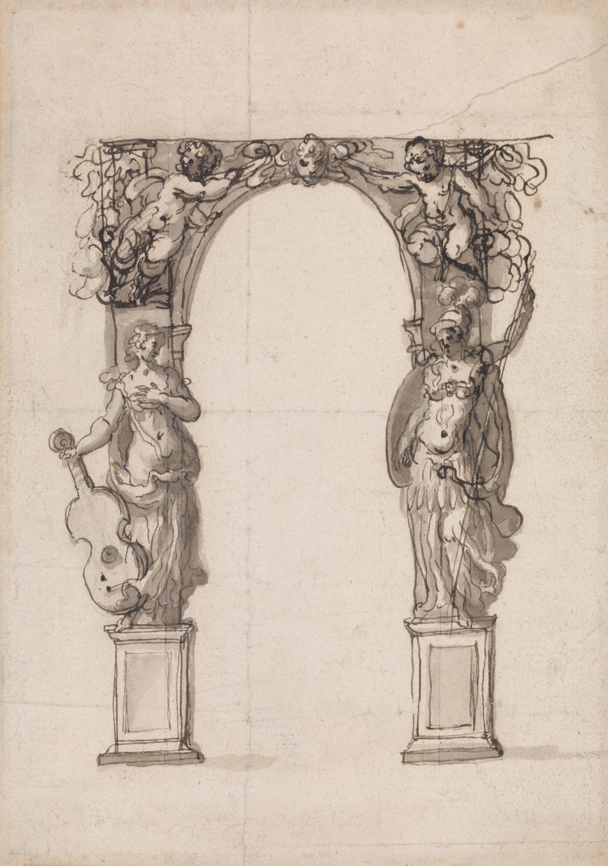 Putti ve Alegorik Müzik ve Savaş Figürleri ile Süslenmiş Geçici Bir Kemer Tasarımı by Inigo Jones