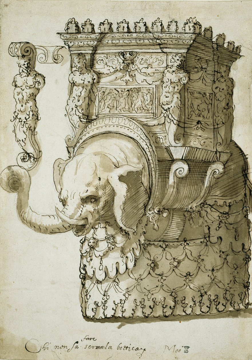 Bir fil yarışması için tasarım (kağıt üzerinde kalem ve mürekkep) by Inigo Jones
