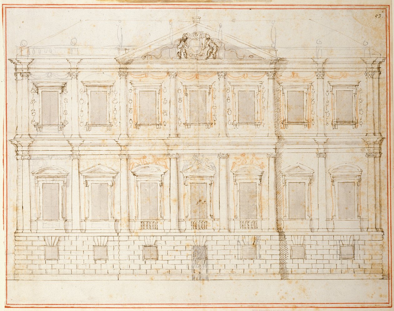 Banqueting House için sondan bir önceki tasarımın yükseltilmesi, Whitehall, c.1619 (kağıt üzerinde kalem ve mürekkep) by Inigo Jones