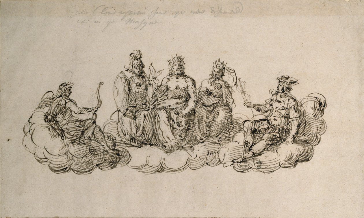 Tanrıların Senatosu ile Jove, c.1622 (kağıt üzerinde kalem ve mürekkep) by Inigo Jones