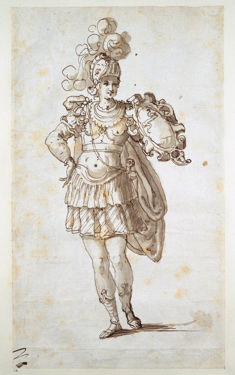 Bir kalkan taşıyan şövalye veya yaver (kağıt üzerinde kalem ve mürekkep) by Inigo Jones