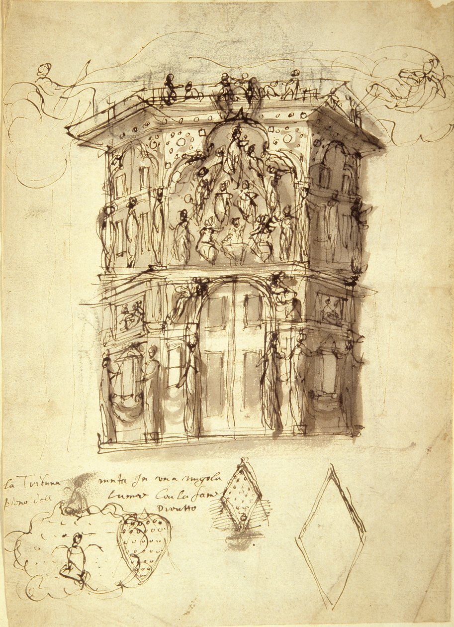 Kraliçelerin Maskesi, sahne 2: Şöhret Evi, c.1609 (kağıt üzerinde kalem ve mürekkep) by Inigo Jones