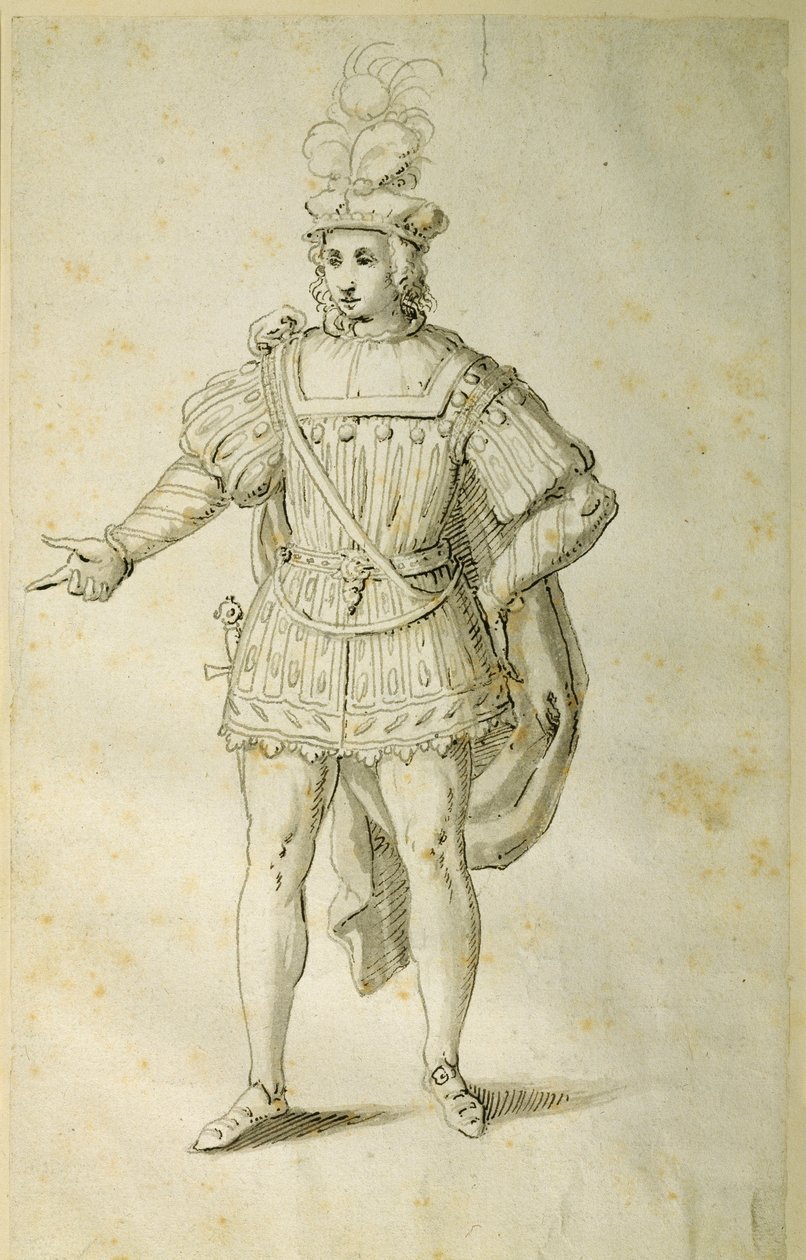 Eski İngiliz kostümlü gençlik, c.1611 (kağıt üzerine kalem ve mürekkep) by Inigo Jones