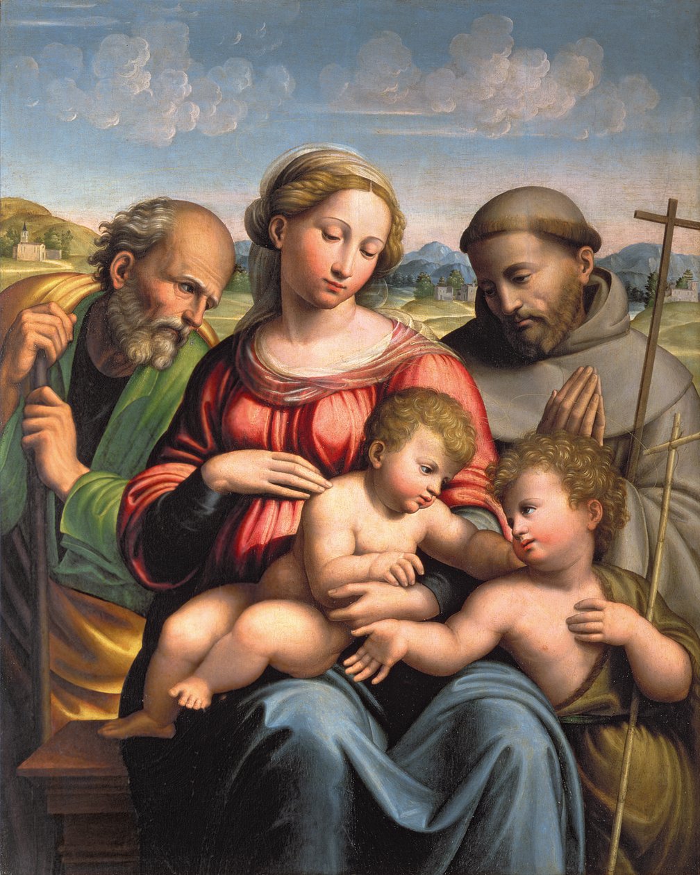 Bebek St. John the Baptist ve St. Francis ile Kutsal Aile by Innocenzo da Imola