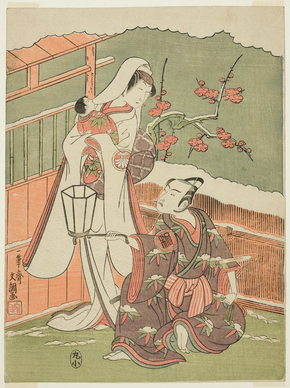 Aktörler Arashi Sangorô II, Minamoto no Yoritomo ve Segawa Kikunojô II, “Izu'nun Pamuklu Vatkasını Korumak Evlilik Krizantemlerini Korumak” (“Myôtogiku Izu no Kisewata”) filminde Kar Kadını olarak by Ippitsusai Bunchō