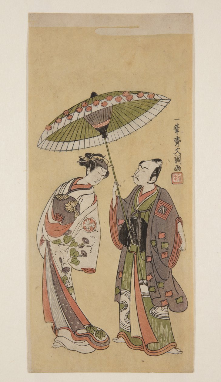 Aktörler Ichikawa Yaoz? II olarak Soga no J?r? ve Segawa Kikunoj? II olarak ?iso no Tora (renkli tahta baskı) by Ippitsusai Bunchō