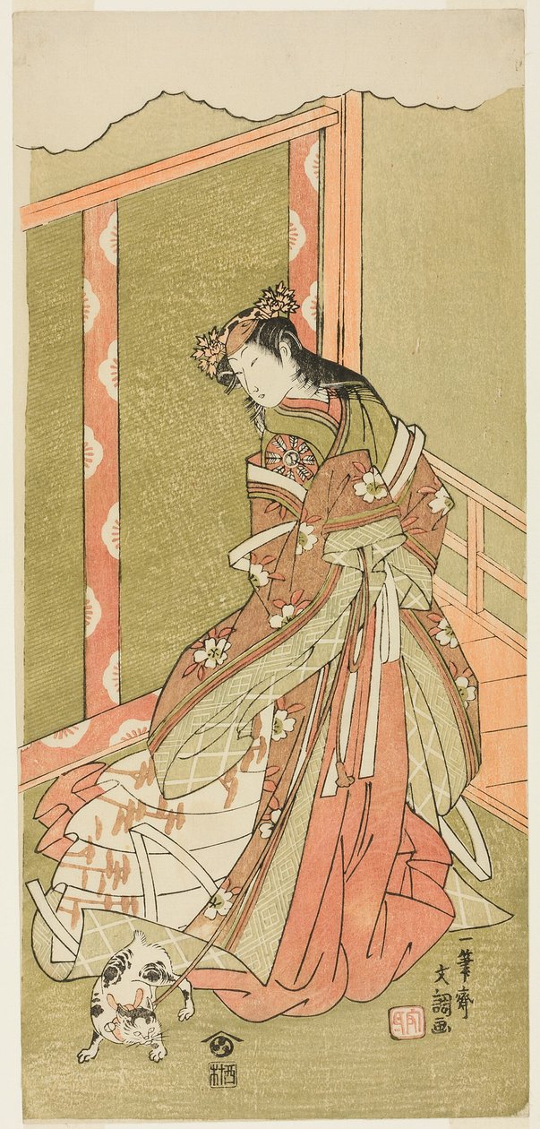 Aktör Nakamura Noshio I, Play Fuki Kaete Tsuki mo Yoshiwara'da Üçüncü Prenses (Nyosan no Miya) olarak (Hatlı Çatı: Ay ayrıca Yoshiwara Zevk Bölgesinin Üzerinde Parlar), On Birinci Ay'ın İlk Günü'nden itibaren Morita Tiyatrosu'nda sahnelendi by Ippitsusai Bunchō
