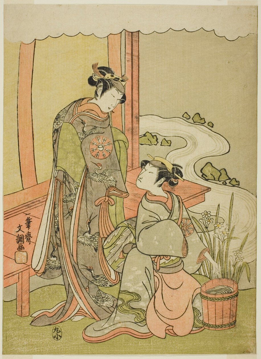 Aktörler Nakamura Tomijuro I Shirbyoshi Gio kılığına girmiş Enju (sağda) ve Goo I. Nakamura Noshio Hotoke Gozen kılığına girmiş (solda), Play Miyako-zome Gio Katsugi