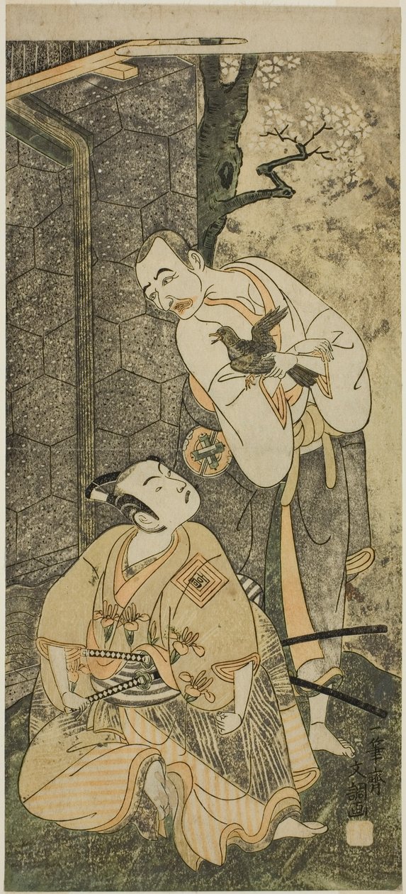 Aktörler Nakamura Utaemon I Seigen olarak (sağda) ve Ichikawa Komazo II Shimizu Tonoinosuke Kiyoharu olarak (solda), Play Soga Moyo Aigo no Wakamatsu