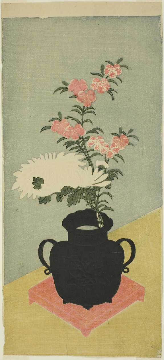 Siyah Vazoda Beyaz Krizantemler ve Pembeler by Ippitsusai Bunchō