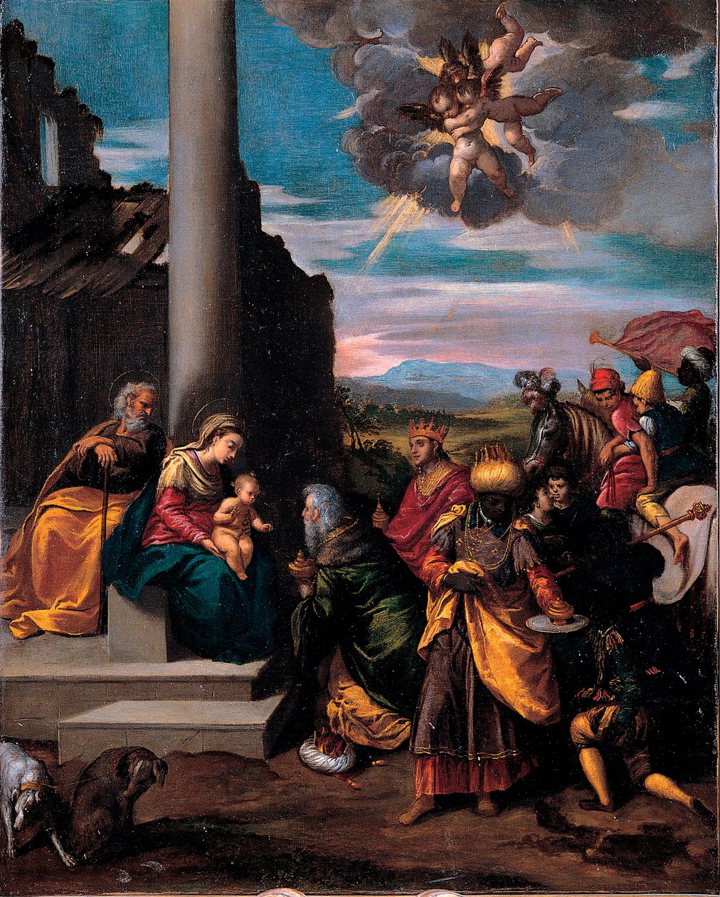 The Adoration of the Magi - Tablo Ippolito Scarsellino (Scarsella) (1551-1620), Tuval üzerine yağlıboya 1575-1580 (68x55 cm) - Musei Capitolini, Roma by Ippolito Scarcella