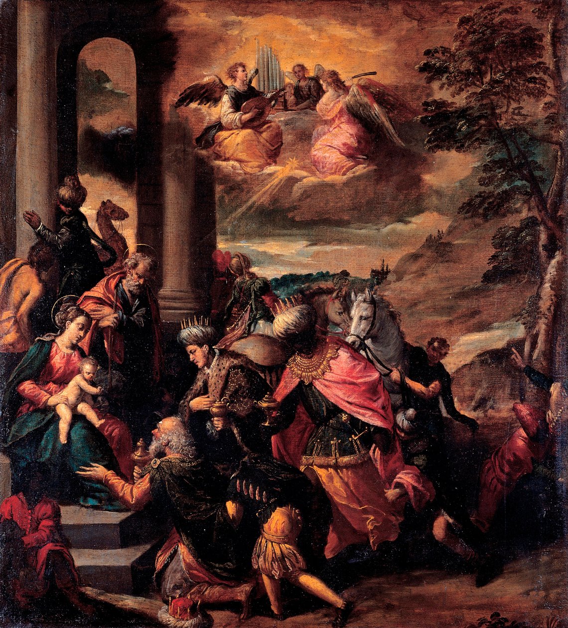The Adoration of the Magi - Resim Ippolito Scarsellino (Scarsella) (1551-1620), Tuval üzerine yağlı boya 1580 (112.5x124cm) - Musei Capitolini, Roma by Ippolito Scarcella