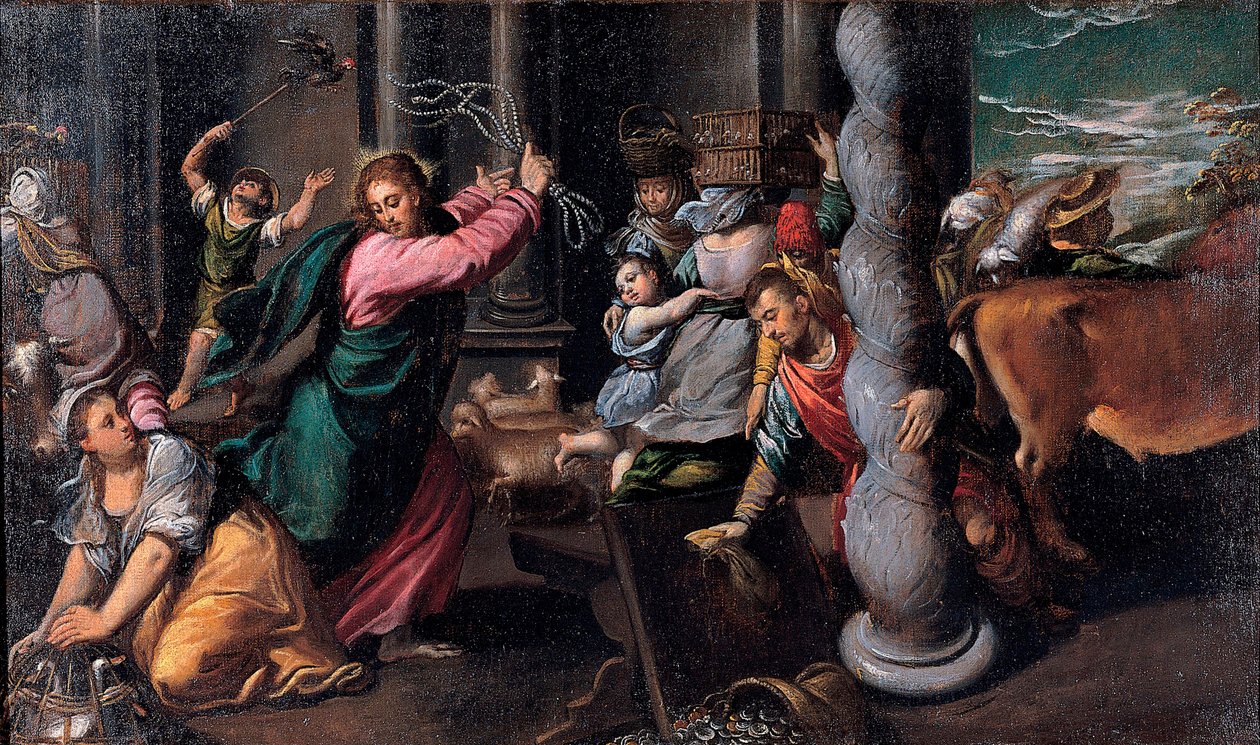Le Christ chassant les Marchands du temple - Mesih Tefecileri Tapınaktan Sürerken - Tablo Ippolito Scarsellino (Scarsella) (1551-1620), Tuval üzerine yağlıboya 1580-1585 (68x116 cm) - Musei Capitolini, Roma by Ippolito Scarcella