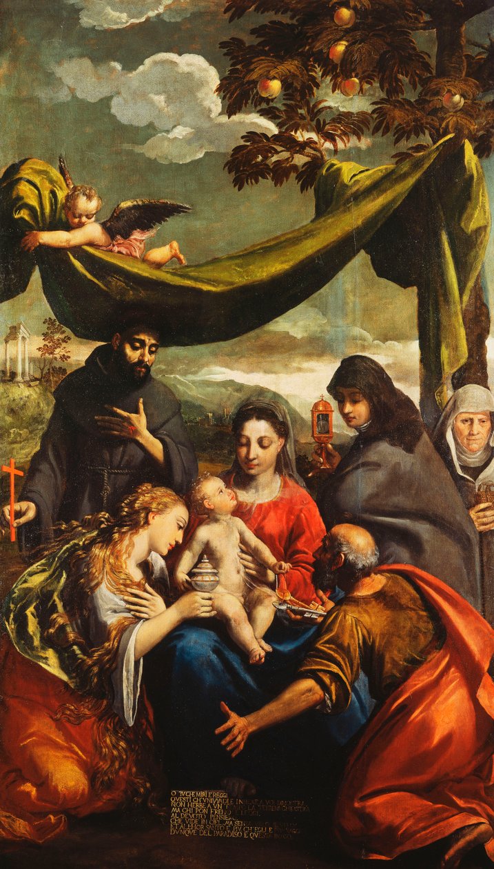 Aziz Mary Magdalene, Peter, Clare ve Francis ile Madonna ve Çocuk ve başrahibe portresi by Ippolito Scarsella