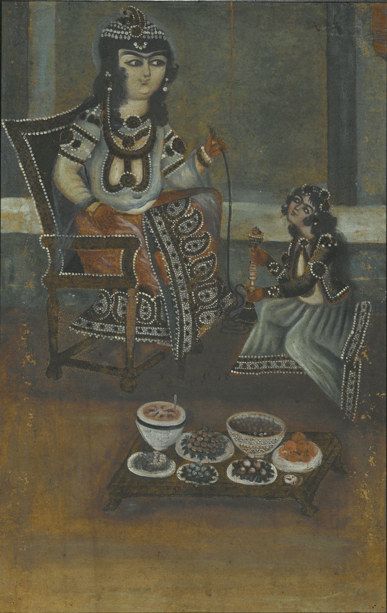 Tahtta Oturan Prensese Nargile Sunan Kadın Hizmetli (tuval üzerine yağlı boya, panoya monte edilmiş) by Iranian School