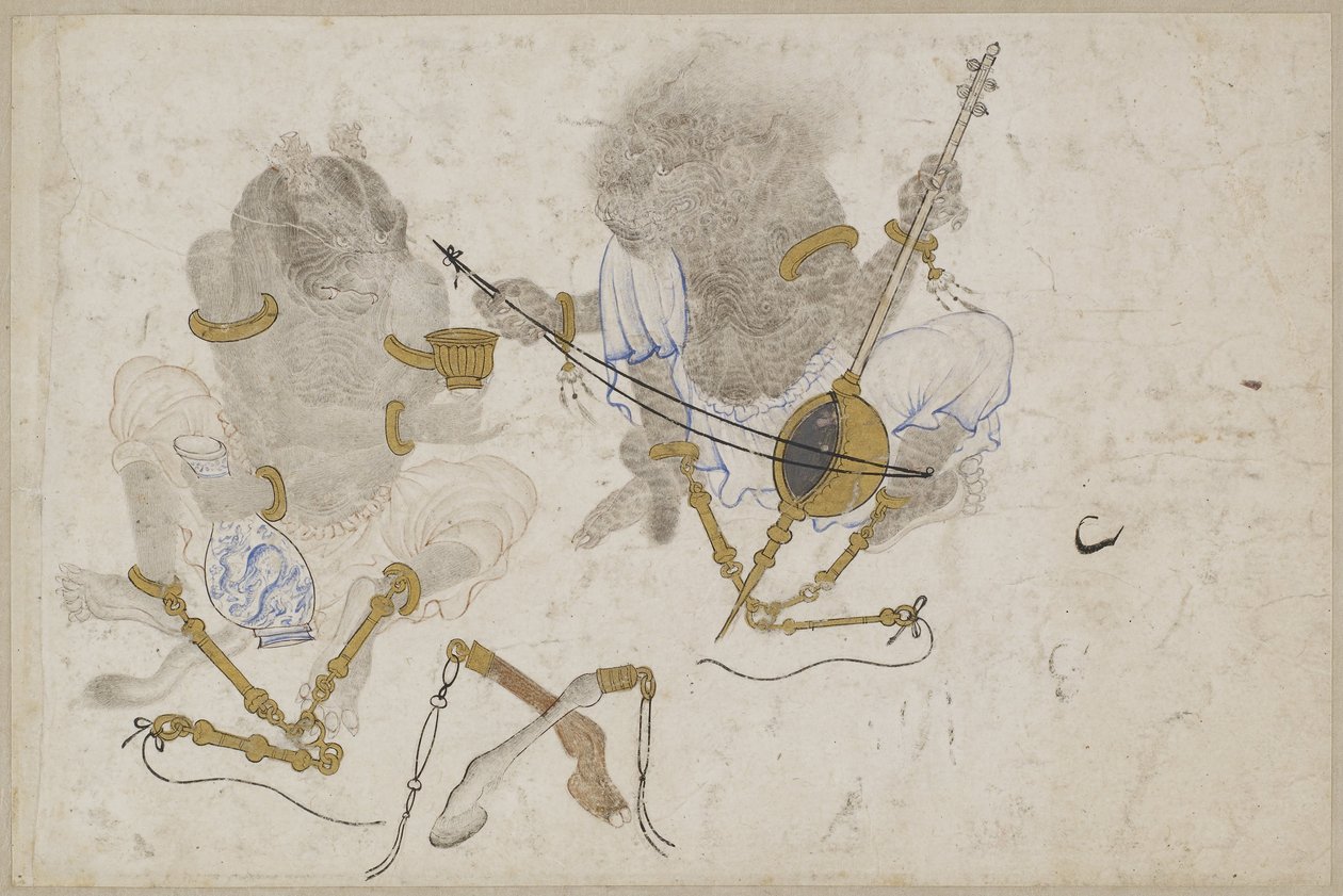 İki iblis, zincirlenmiş, 15. yüzyıl by Iranian Master