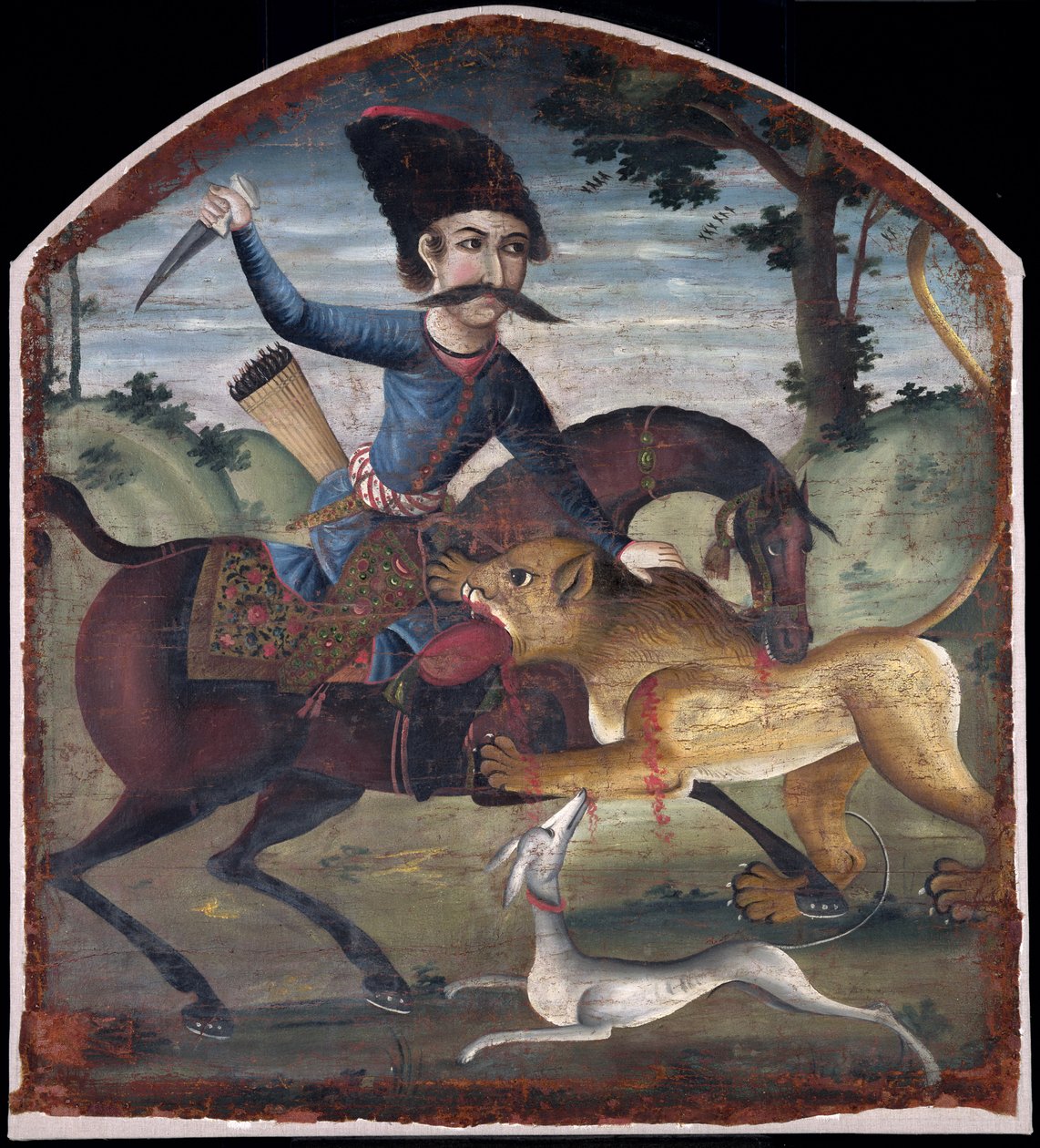 At sırtında bir aslan saldırısına uğramış avcı, 18. yüzyılın ortalarında (bkz. 200944) by Iranian School
