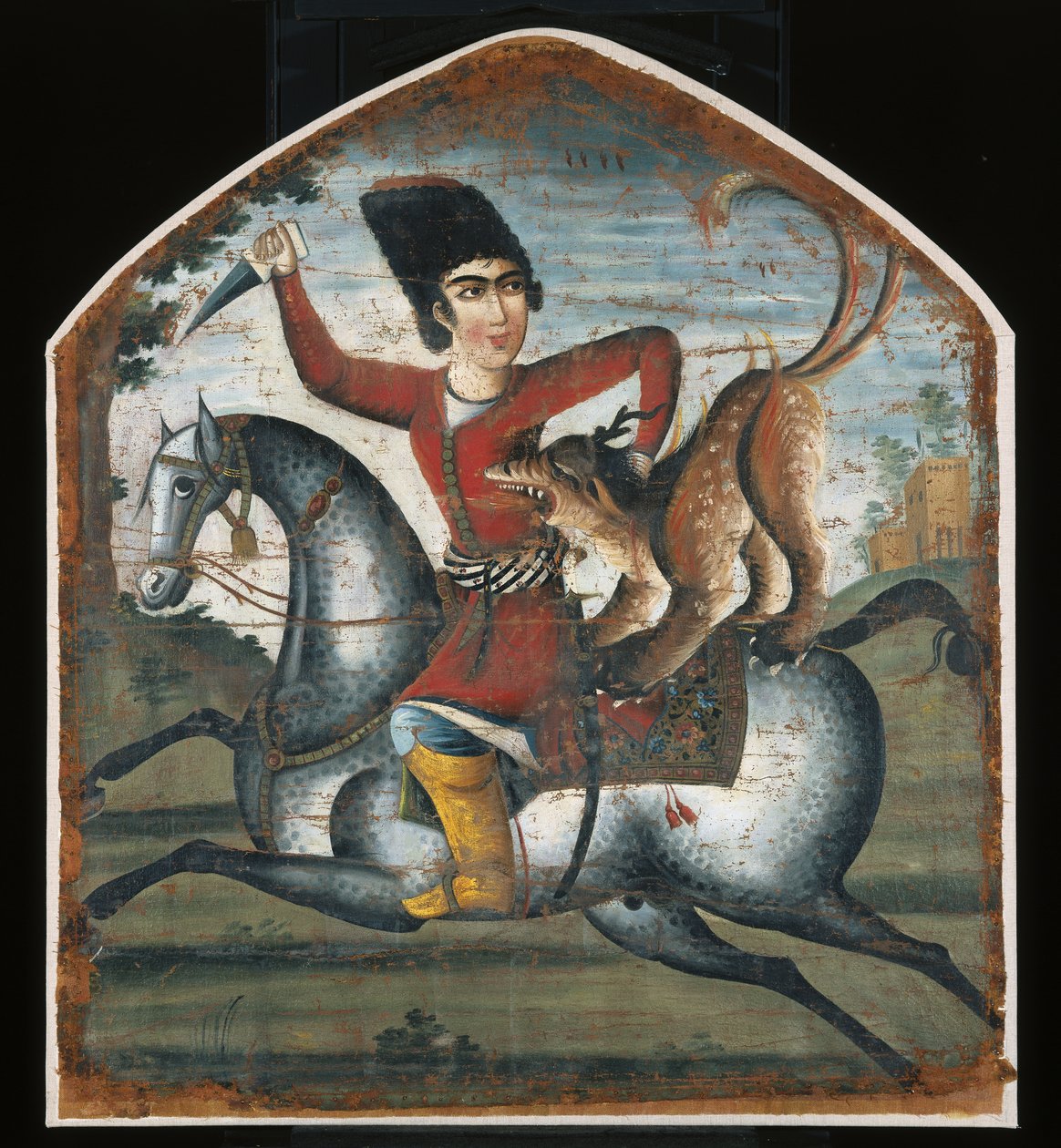 At sırtındaki avcı, efsanevi bir canavar tarafından saldırıya uğradı, 18. yüzyılın ortalarında (bkz. 200943) by Iranian School