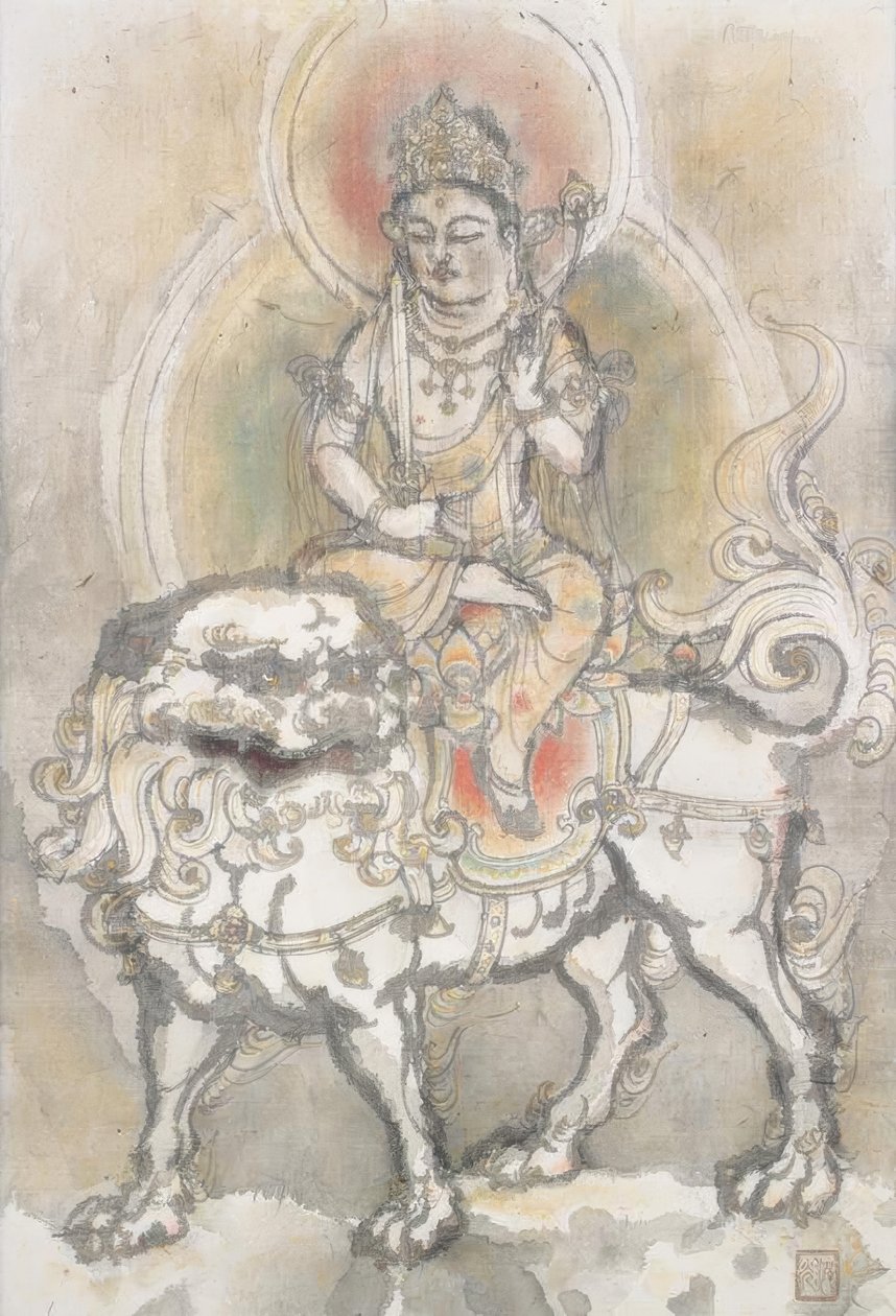 Irie Hako, Manjushri auf einem Löwen sitzend by Irie Hako