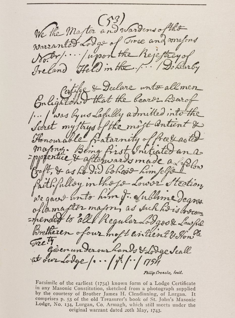 Bilinen en eski Sertifika (İrlanda), 1762 Grand Lodge