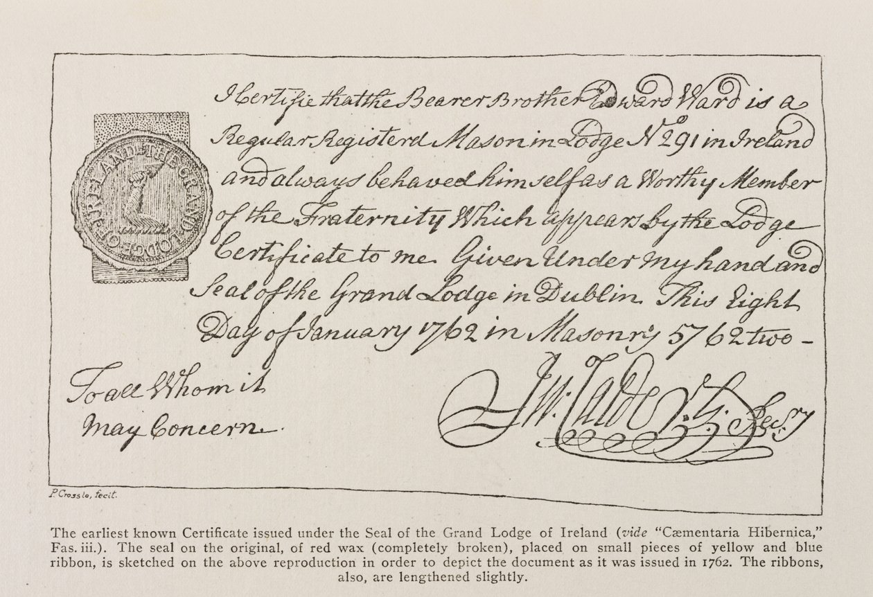 1762 tarihli İrlanda Büyük Locası Mührü altında verilen bilinen en eski Sertifikanın tıpkıbasımı by Irish School