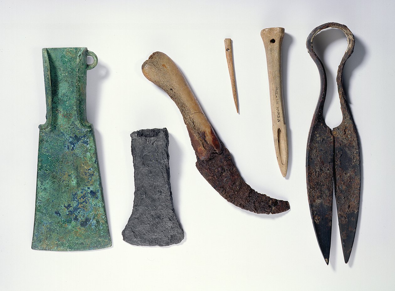 Alet seçimi: LR: eğik kanatlı erken Demir Çağı bronz baltası; daha sonra demir balta; kemik saplı bıçak; kemik iğnesi; kemik bız; demir tüller by Iron Age