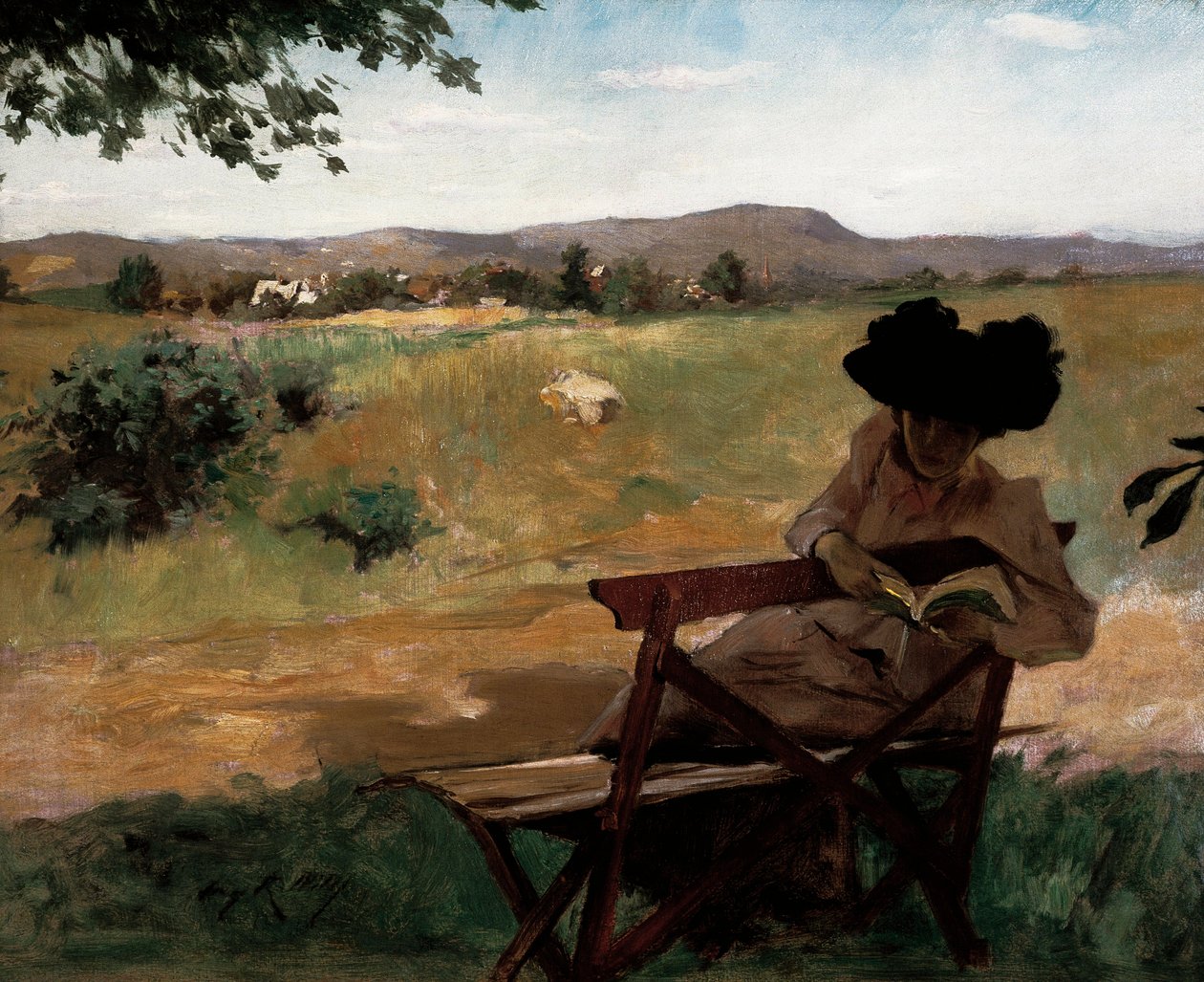 Okuma bir bankta oturan kadın by Irving Ramsay Wiles