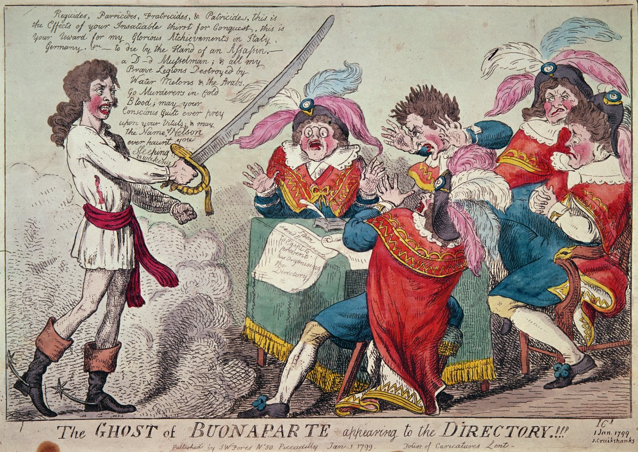 Rehbere görünen Buonaparte Hayaleti!!!, Londra, 1799 (renkli gravür) by Isaac Cruikshank
