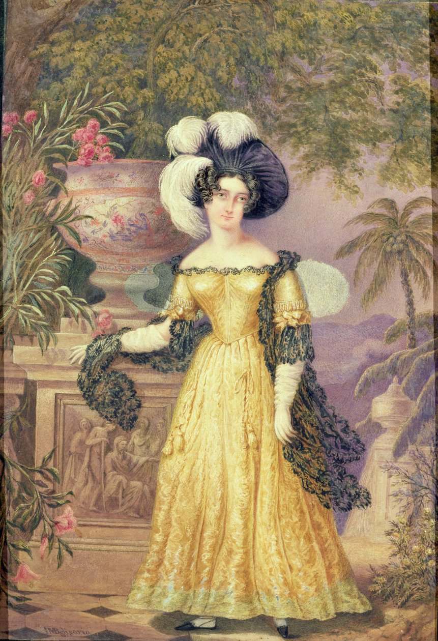 Lady Rowe, standing small full length on a terrace, a moonlit Jamaican landscape beyond  by Isaac Mendes Belisario