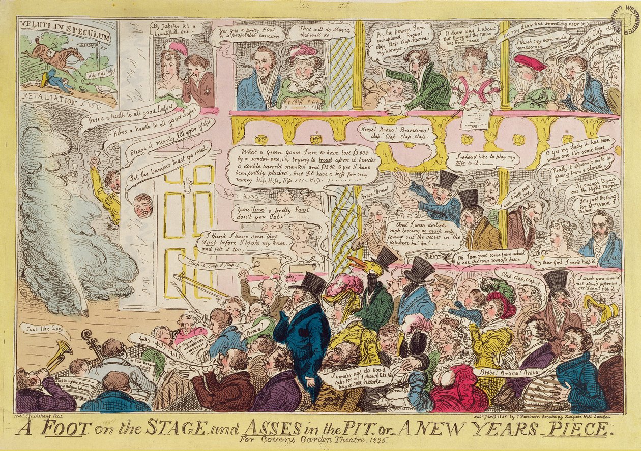 Sahnede Bir Ayak ve Çukurda Eşekler veya Covent Garden Tiyatrosu için Yeni Yıl Parçası, 1825, pub. J. Fairburn, 9 Ocak 1825 (renkli gravür) by Isaac Robert Cruikshank