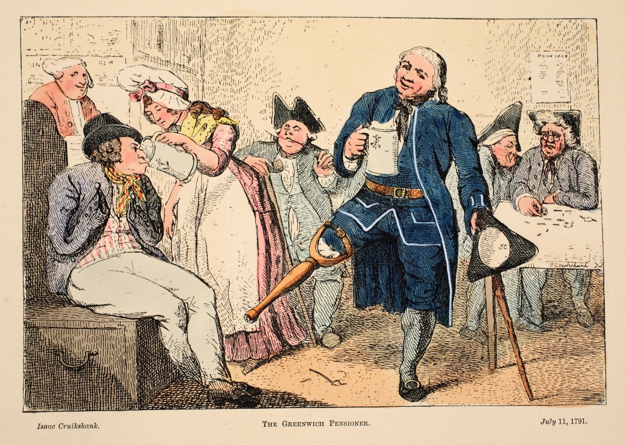 Greenwich Emekli, pub. 1791 (el renkli gravür) by Isaac Robert Cruikshank