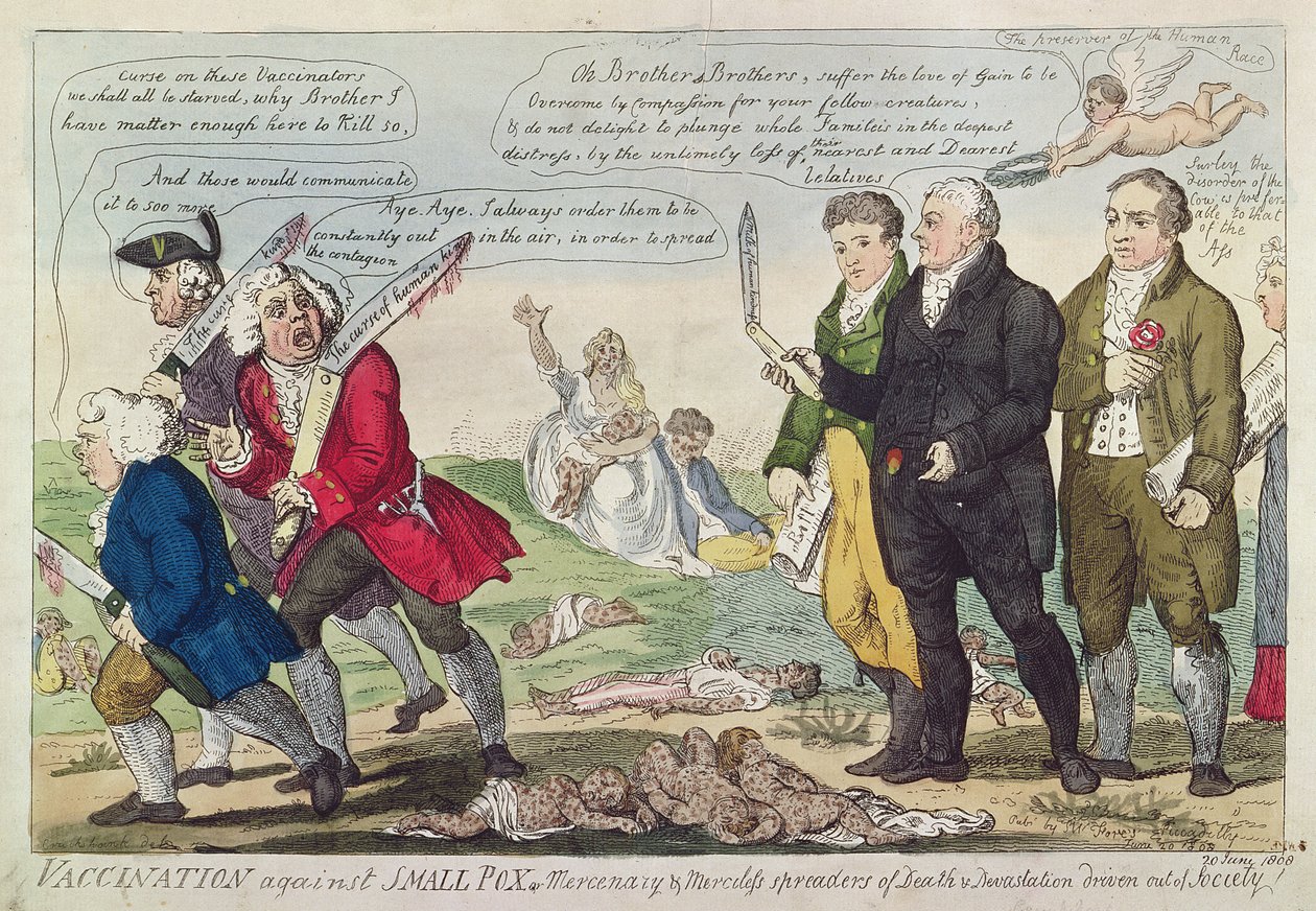 Çiçek hastalığına veya toplumdan sürülen Paralı ve Acımasız Ölüm ve Yıkım yayıcılarına karşı aşılama!, 1808 (renkli gravür) by Isaac Robert Cruikshank
