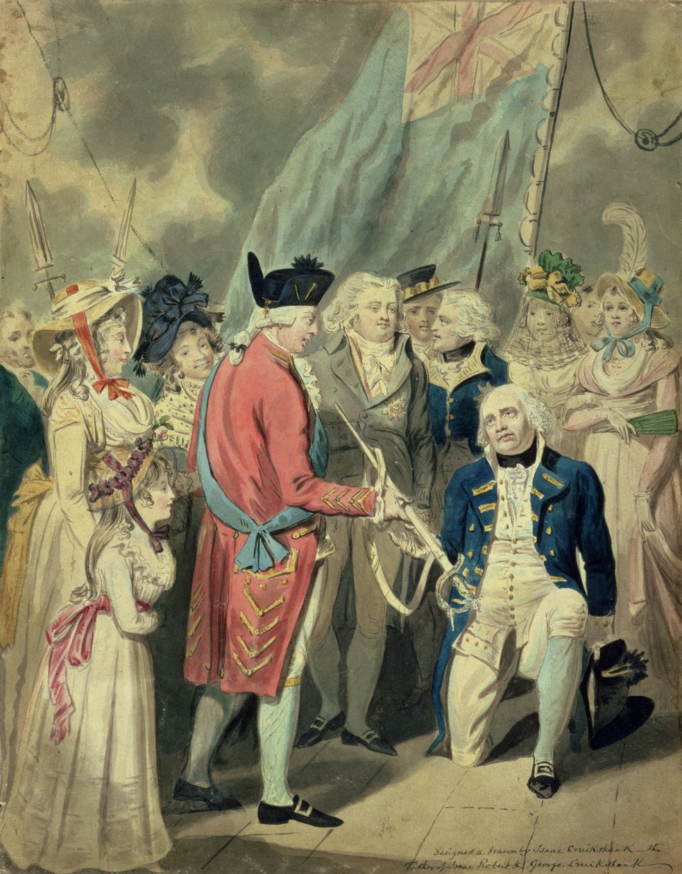 Amiral Collingwood (1750-1810) Gümüş Kılıcı Alırken (kağıt üzerine suluboya) by Isaac Cruikshank