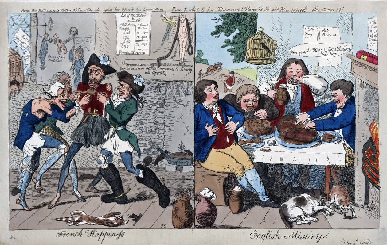Fransız Mutluluğu: İngiliz Mutsuzluğu, pub. 1793 (el renkli gravür) by Isaac Cruikshank