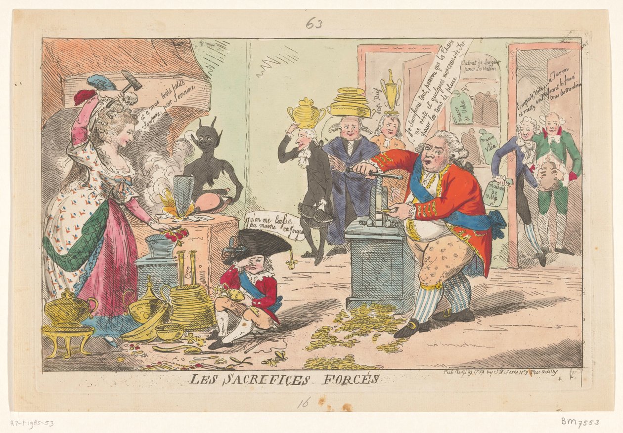 Spotlight op Marie Antoinette, Lodewijk XVI, 1789 Zorunlu Kurbanlar (nesne üzerindeki başlık) by Isaac Cruikshank