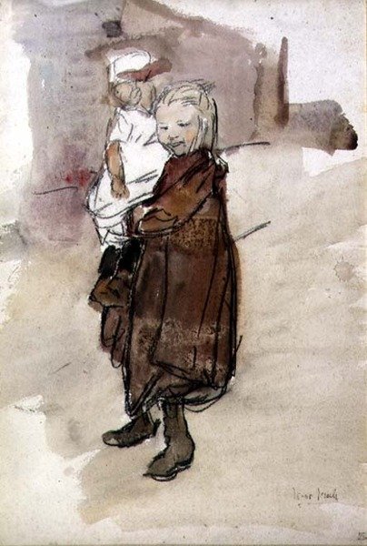 Kız ve Çocuk (kağıt üzerine sulu boya) by Isaac Israels