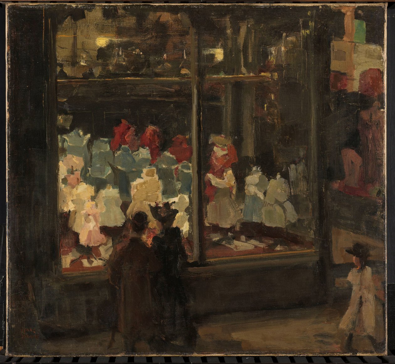 Vitrin Moda deposu Bahlmann & Co, Nieuwendijk 202, Amsterdam, geceleri batık giriş sundurma ile sol vitrin by Isaac Israels