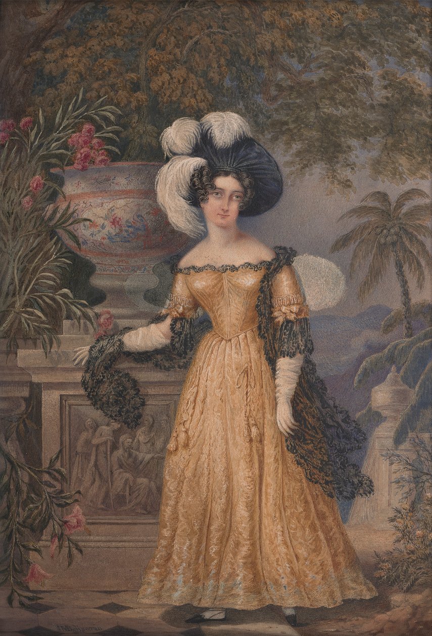 Lady Rowe, Terasta Küçük Boylu Duruyor, Ötesinde Ay Işığının Aydınlattığı Jamaika Manzarası by Isaac Mendes Belisario