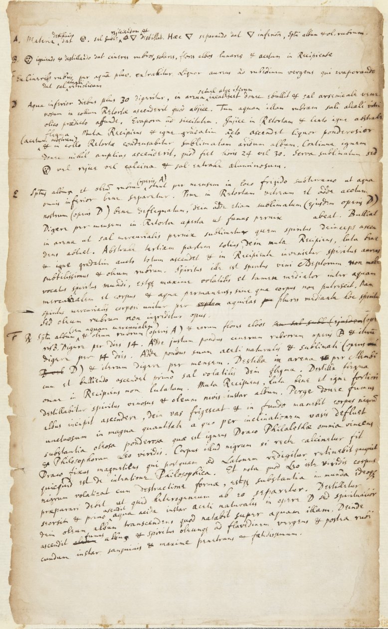 Damıtma ile başlayan, ardından yakma, daha fazla damıtma, kaynatma, kalsinasyon ve süblimleştirme ile başlayan altı aşamalı bir deneyin kaydı, c.1700 by Isaac Newton