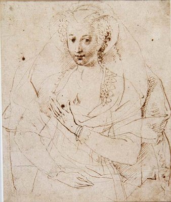 Resmi adı Lucy Harrington, Bedford Kontesi olan Meçhul Bir Hanımın Portresi, minyatür için bir eskiz (No.3902) c.1605 (kalem ve mürekkep, kağıt üzerinde tebeşir) (ayrıca bkz. 58811) by Isaac Oliver