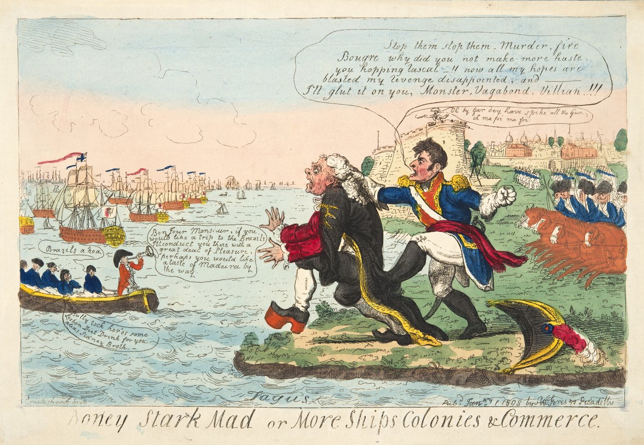 Boney Stark Mad or More Ships Colonies & Commerce, pub. 1808 (el renkli gravür) by Isaac Robert Cruikshank