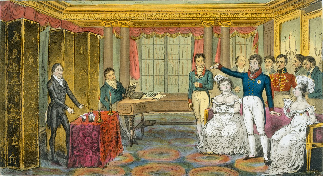 Carlton House'daki King George IV, Charles Westmacott tarafından 'The English Spy'dan, 1825'te yayınlandı (renkli litografi) by Isaac Robert Cruikshank